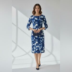 Vintage 60s, 70s CLARALURA Original Blue White Sheath Midi Dress Medium Classic